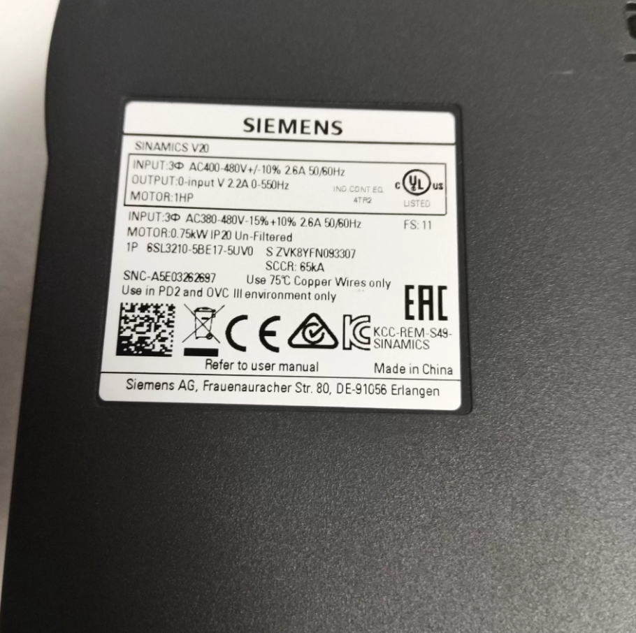  Siemens 6SL3210-5BE17-5UV0 Frequency Inverter