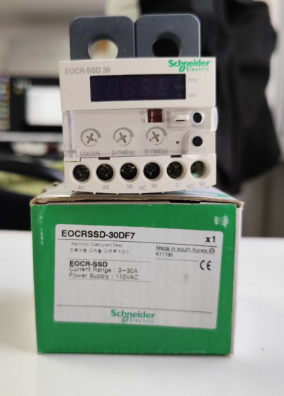 EOCRSSD-30DF7 is a digital motor protector manufactured by Schneider Electric (formerly Samwha, South Korea) with current range 3-30A and 110VAC control power supply. It provides triple protection against overload, phase loss and locked rotor. It is applicable for precise protection of three-phase low-power motors, capable of replacing traditional thermal relays to improve protection accuracy and fault diagnosis efficiency.