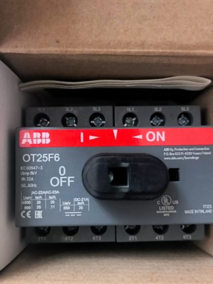 ABB OT25F6 Switch‑Disconnector Order No.: 1SCA104880R1001, Made in Finland. Handle and shaft are NOT included; operating accessories must be ordered separately. ABB OT25F6 Switch‑Disconnector Order No.: 1SCA104880R1001, Made in Finland. Handle and shaft are NOT included; operating accessories must be ordered separately.